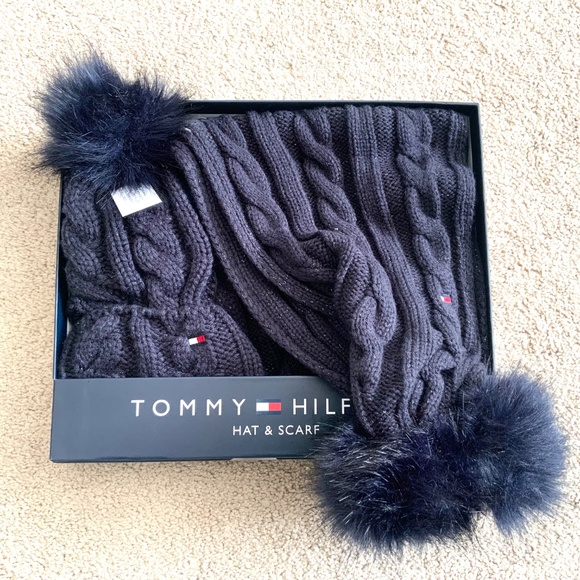 Tommy Hilfiger Blue Pom-Pom Beanie Hat & Scarf Set Cozy Warm Winter Accessories main image 6